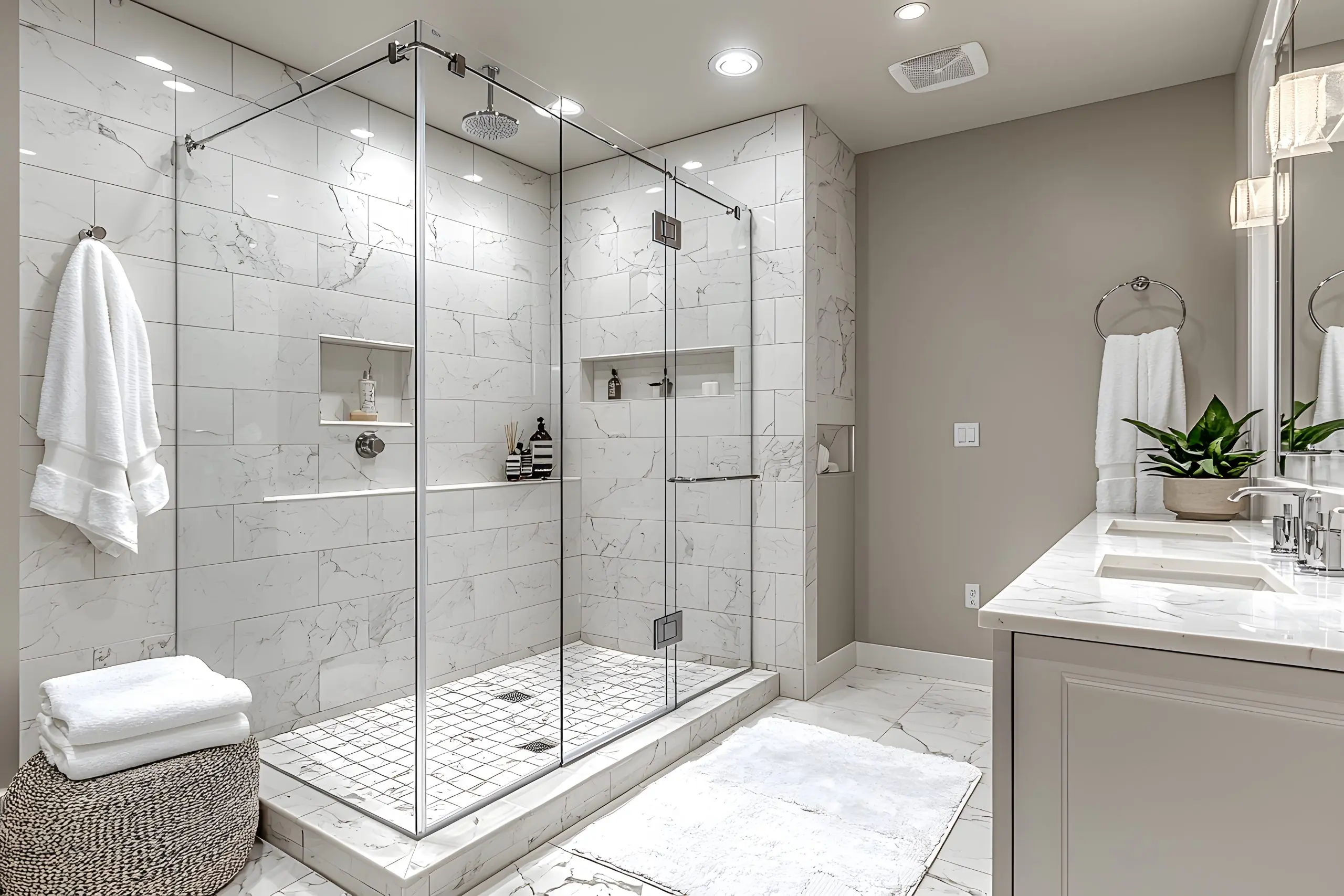 Spacious tiled shower with custom-cut glass panels—Speedy Glass offers tailored residential glass solutions for every home