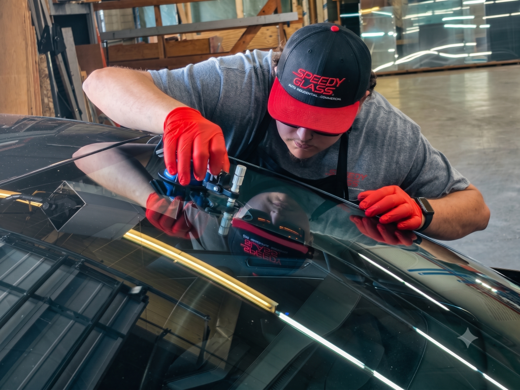 A Speedy Glass technician using professional equipment to safely repair a rock chip in a car windshield