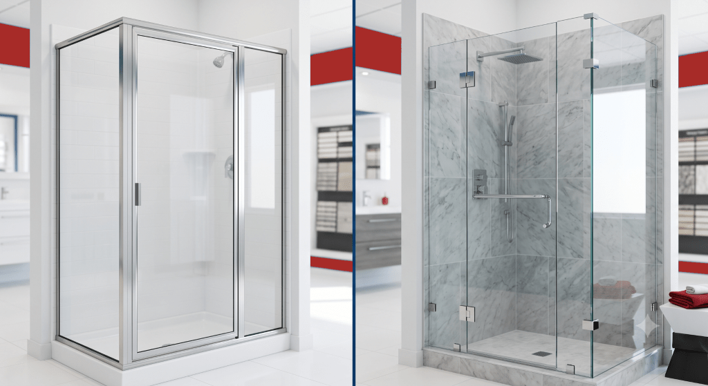 Side by side comparison of frameless vs framed shower doors in a Speedy Glass showroom.