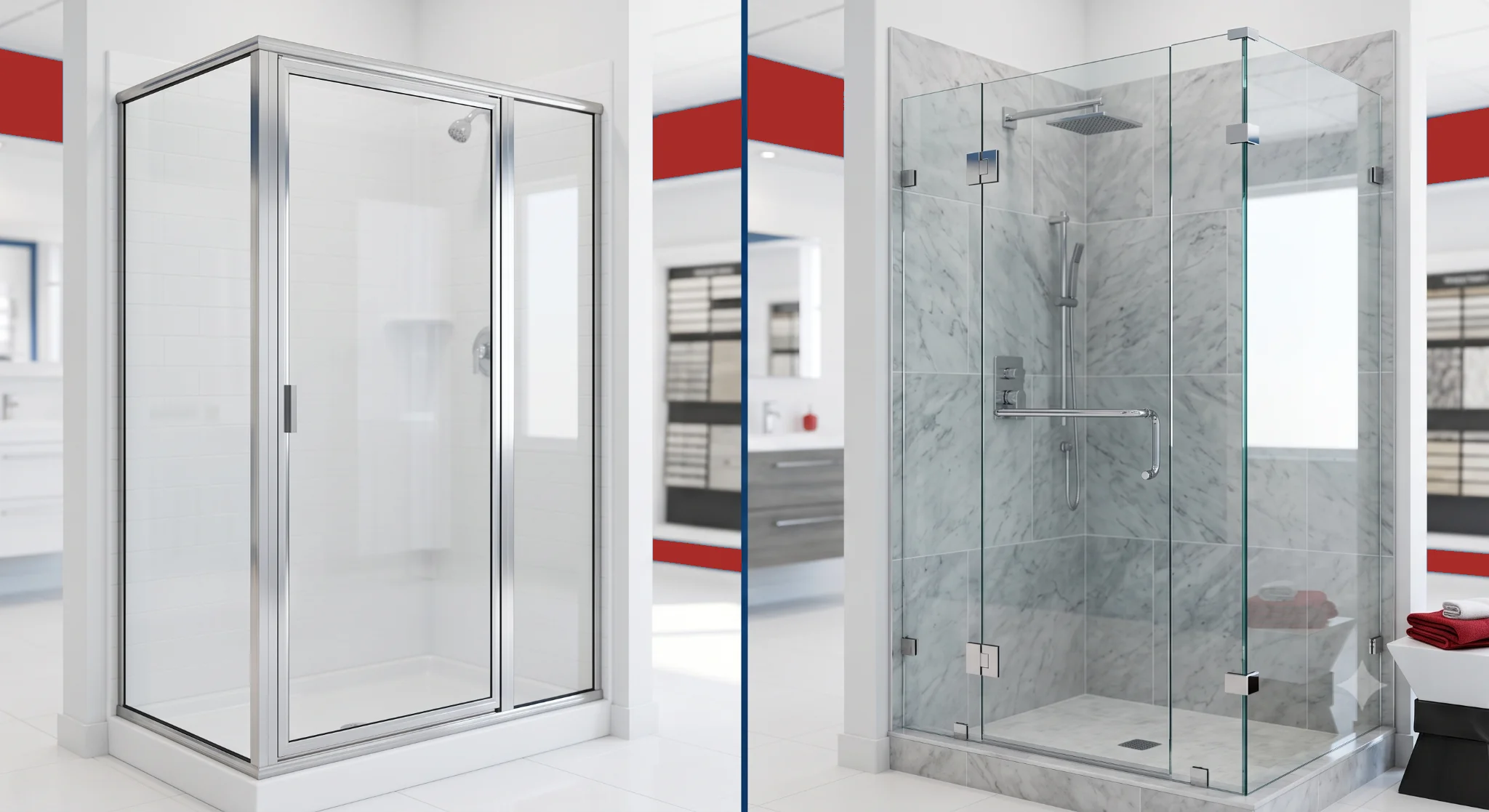 Side by side comparison of frameless vs framed shower doors in a Speedy Glass showroom.