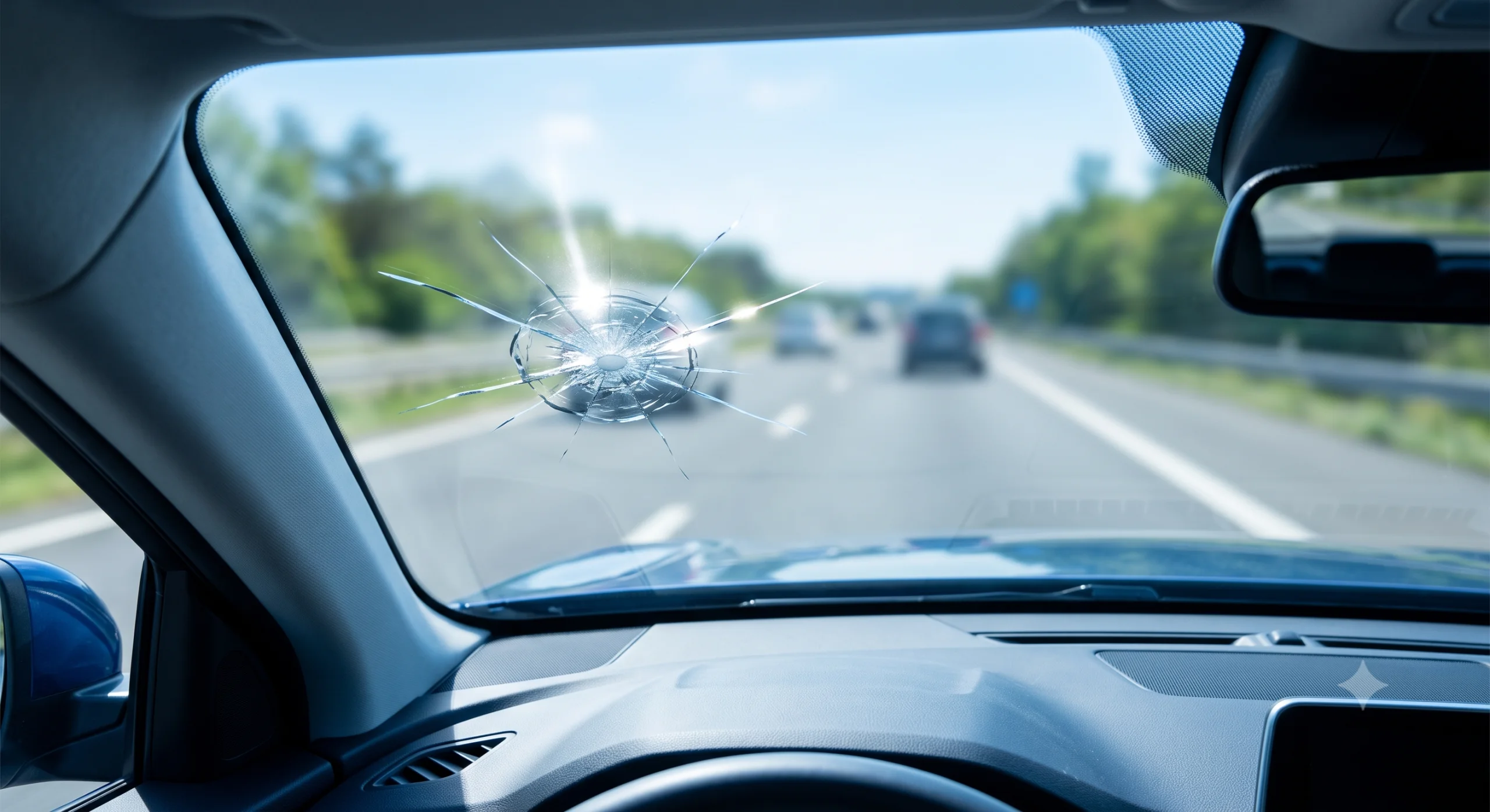 Car windshield repair kit needed for highway rock chip damage